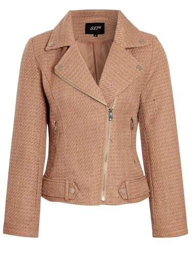 Womens Tweed Biker Jacket Textured Blazer Camel