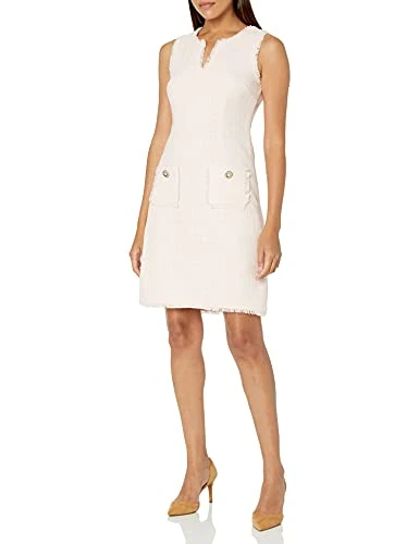 Women's Tweed Shift Dress with Pockets Casual, Rose, 10