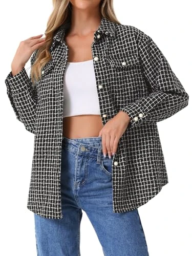 Women's Tweed Shirt Jacket Checked Long Sleeve Loose Shirt, black, S