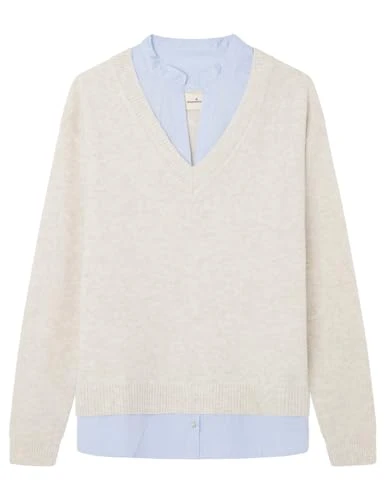 Women's Two-material mandarin collar jumper Polo Sweater, BEIGE, L