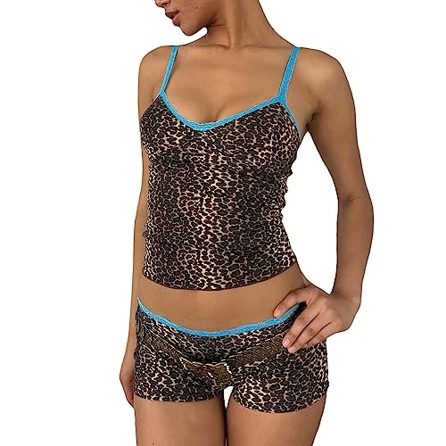 Women's Two Piece Lounge Wear Set Pajamas Ladies Loungewear Nightwear Pjs Co Ord Set Crop Tank Top + Shorts Y2k Aesthetic Clothes Summer Outfit UK (B - Leopard Print, S)