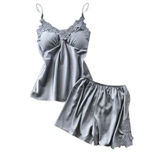Women's two-piece sexy lace floral satin lingerie top and shorts sleepwear pyjama set long pyjamas women, gray, L