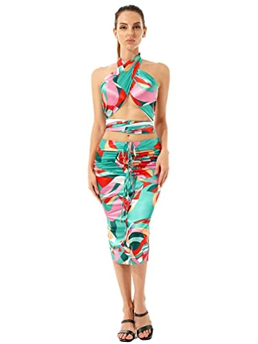 Womens Two Piece Skirt Outfit Set Satin Summer Floral Crop Top Pencil Skirt Beach Club Midi Dress Multicolor L