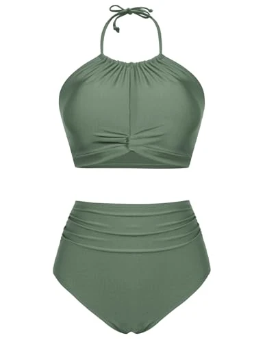 Women's Two Piece Summer Swimsuit Set Camisole Swimsuits with High Waist, Army Green, M