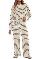 Women's Two Piece Sweater Sets Trendy Striped Long Sleeve Top Wide Leg Pants Matching Outfits, Apricot, S Women's Two Piece Sweater Sets Trendy Striped Long Sleeve Top Wide Leg Pants Matching Outfits, Apricot, S