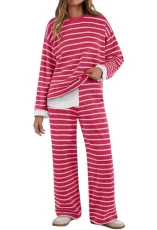 Women's Two Piece Sweater Sets Trendy Striped Long Sleeve Top Wide Leg Pants Matching Outfits, Rose, XL Women's Two Piece Sweater Sets Trendy Striped Long Sleeve Top Wide Leg Pants Matching Outfits, Rose, XL