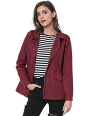 Women's Utility Jackets Drawstring Waist 2024 Spring Flap Pockets Lightweight Jacket, Burgundy, M