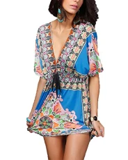 Women's V Collar Bohemian Floral Printing Tunic Shift Blouse Flowy Mini Mixed Color Dress Blue 2XL Women's V Collar Bohemian Floral Printing Tunic Shift Blouse Flowy Mini Mixed Color Dress Blue 2XL