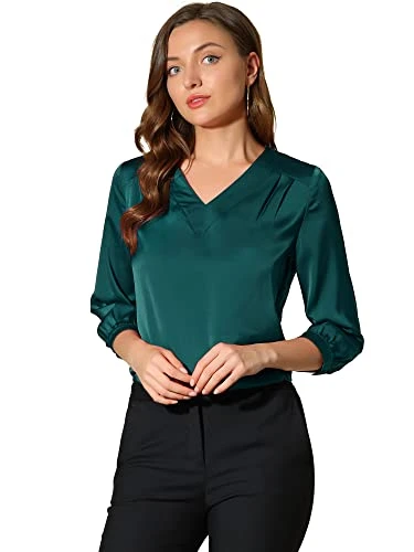 Women's V Neck 3/4 Sleeve Casual Office Work Satin Blouses Top, Blue Green, Small