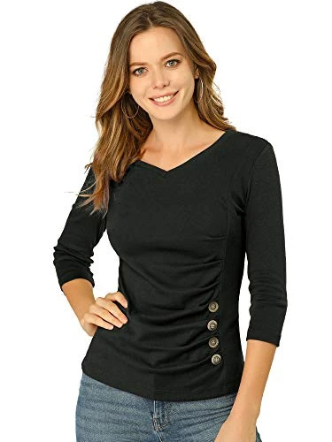 Women's V Neck Blouse 3/4 Sleeves Solid Knitted Buttons Decor Ruched Top Black 16