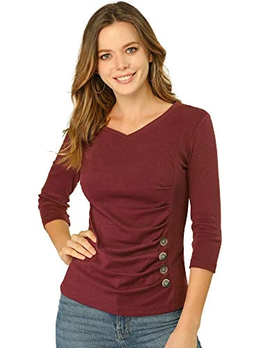 Women's V Neck Blouse 3/4 Sleeves Solid Knitted Buttons Decor Ruched Top Burgundy 12