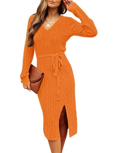 Women's V Neck Cable Knit Sweater Dress Long Sleeve Bodycon Slit Pullover Midi Dress with Belt, Orange, L