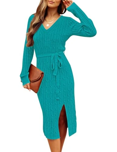 Women's V Neck Cable Knit Sweater Dress Long Sleeve Bodycon Slit Pullover Midi Dress with Belt, Pale Peacock, XL