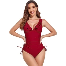 Women's V-Neck Cross Back One Piece Swimsuit Padded Push Up Tummy Control Ruffled Bathing Suit Burgundy SN0702146 M Women's V-Neck Cross Back One Piece Swimsuit Padded Push Up Tummy Control Ruffled Bathing Suit Burgundy SN0702146 M