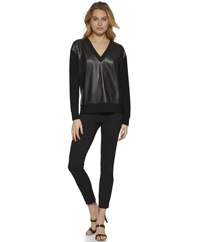 Women's V-Neck Faux Leather Front Knit Top Sweatshirt, Black, S