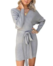 Women's V Neck Faux Wrap Long Sleeve Belted Knit Dress Backless Cross Grey L