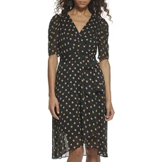 Women's V Neck Faux Wrap Midi Dress, Black/Tannin, 8 Women's V Neck Faux Wrap Midi Dress, Black/Tannin, 8