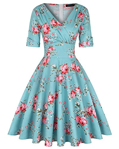 Women's V-Neck Floral Half Sleeve Midi Fit Flare Retro Dress Cocktail Dresses (Floral Blue #B,Size XL)