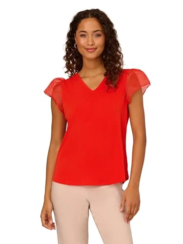 Women's V-Neck Knit Top with Organza Flutter Sleeves, Fiery Red, L