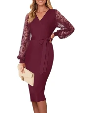 Womens V Neck Lace Long Sleeve Sweater Dress Sexy Wrap Knit Bodycon Midi Dresses with Belt, Burgundy, XL Womens V Neck Lace Long Sleeve Sweater Dress Sexy Wrap Knit Bodycon Midi Dresses with Belt, Burgundy, XL