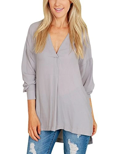 Womens V Neck Long Sleeve Chiffon T-Shirt Casual Loose Irregular Hem Shirt Blouse Tops Grey L