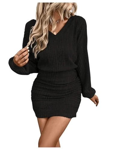 Women's V Neck Long Sleeve Sweater Dress Ruched Ribbed Knit Elegant Mini Dresses Black XL