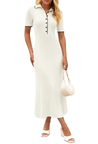 Women's V Neck Ribbed Knit Maxi Dress Button Short Sleeve Slim Fit Bodycon Sweater Dress, Beige, M