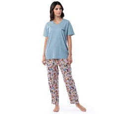 Women's V-Neck Short Sleeve Graphic Tee and Printed Pants Pajama Sleep Set, Blue/Cowgirl, L