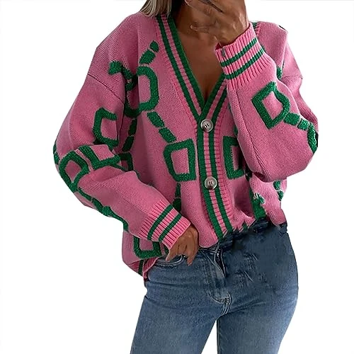 Women's V-Neck Sweaters Button Down Knitted Cardigan Long Sleeve Tops Ribbed Cuffs Sweaters Coat Loose Casual KnitSweatshirts Outwear Pink