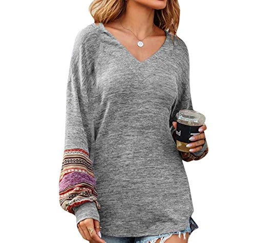 Women's V-Neck T-Shirt Stitching Ethnic Style Print Lantern Sleeves T Shirt Blouse Tops Gray