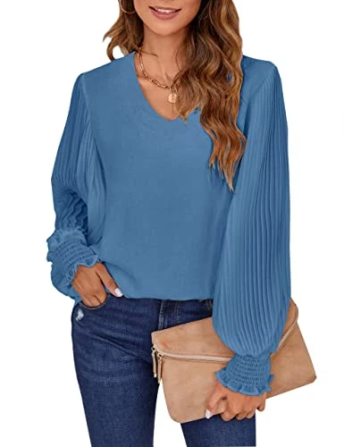 Women's V Neck Tops Chiffon Blouses Lantern Long Sleeve Tops Casual Business Shirts for Ladies Blue