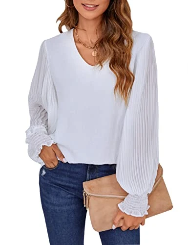 Womens V Neck Tops Chiffon Blouses Lantern Long Sleeve Tops Casual Shirts White