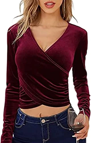 Women's V Neck Velvet Crop Tops Long Sleeve T Shirts Solid Velvet Wrap Crop Lady Office Work Tops Wine Red