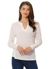 Women's V Neck Waffle Casual Slim Fit Tops Long Sleeve Shirts White M