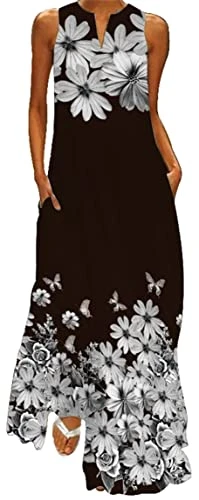 Women's V-Neck with Pockets Large Swing Sleeveless Long Skirt Vintage Floral Print Dress (5XL, White