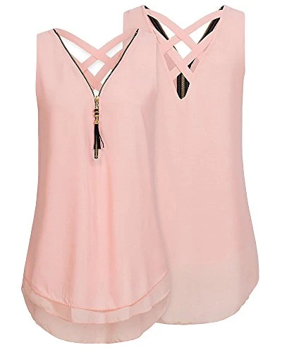 Women's V Neck Zipper T-Shirt Sleeveless Cross Back Casual Loose Tee Shirt Tops Pink L