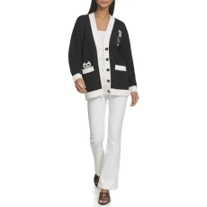 Women's Varsity Logo Cardigan with Patches Marled, Black Soft White, Small Women's Varsity Logo Cardigan with Patches Marled, Black Soft White, Small