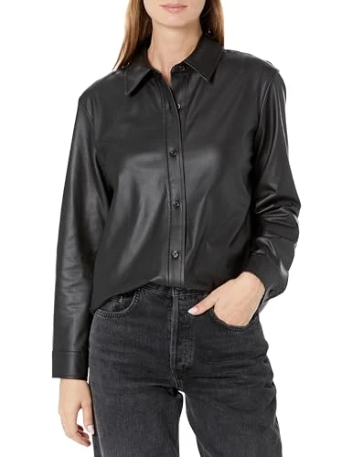 Women's Vegan Leather Long Sleeve Knit Button Shirt, Asphalt, XXS