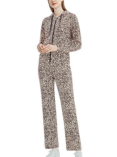 Womens Velour Tracksuits Set Sweatsuit Hoodie Top and Jogging Pants Casual Loungewear 2 Piece Sportswear Leopard-Print S
