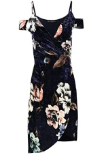 Womens Velvet Asymmetric Wrap Over Cold Cut Shoulder Bodycon Midi Dress Womens Velvet Asymmetric Wrap Over Cold Cut Shoulder Bodycon Midi Dress