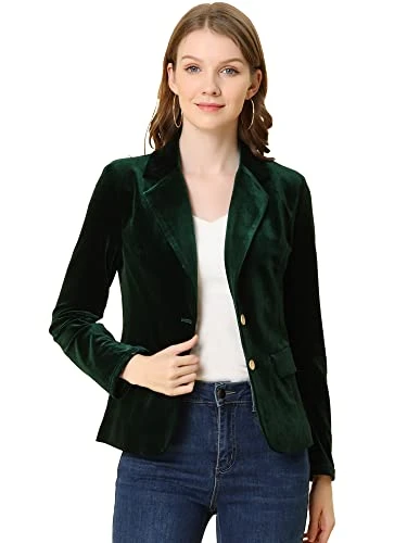 Women's Velvet Blazer Vintage Notched Lapel Button Front Work Suit Jacket Dark Green 20
