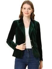 Women's Velvet Blazer Vintage Notched Lapel Button Front Work Suit Jacket Dark Green 20
