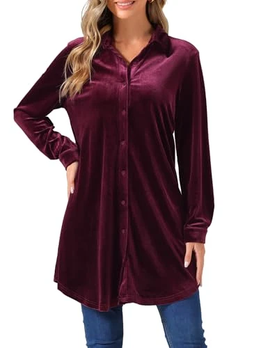 Women's Velvet Button Down T-Shirts Swing Casual Long Sleeve Lapel Tunic Tops Top, red, XL