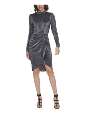 Women's Velvet Long Sleeve Faux Wrap Dress Business Casual, Black and Silver, 8