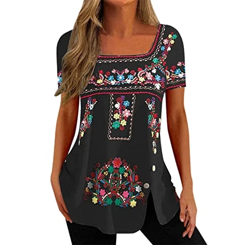 Womens Vest Tops, Elegant Vinatge Button White Blouse Floral Print Tunic Tops Short Sleeve V Neck Tee Lightweight Breathable Sportwear Activewear Undershirts Sleeveless Tops for Women Blouse