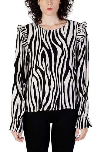 Women's Vifini O-Neck L/S Top-Noos Long Sleeve Blouse, Black/AOP: elino W. White Sand, 14