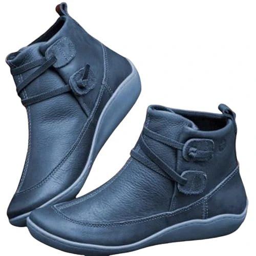 Women's Vintage Ankle Boots Arch Support Shoes for Women with Side Flat Ankle Boots Women Boots for Women Low Heel Leather Blue