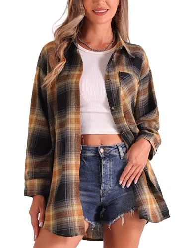 Women's Vintage Checked Long Sleeve Button Turn-Down Collar Blouses Tops Casual Cardigan with Pocket