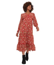Women's Vintage Ditsy Floral Tiered Skirt Midi Dress, Orange, 10