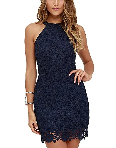 Women's Vintage Elegant Halter Neck Sleeveless Sheath Bodycon Lace Mini Dress Short Cocktail Wedding Party Navy UK 6